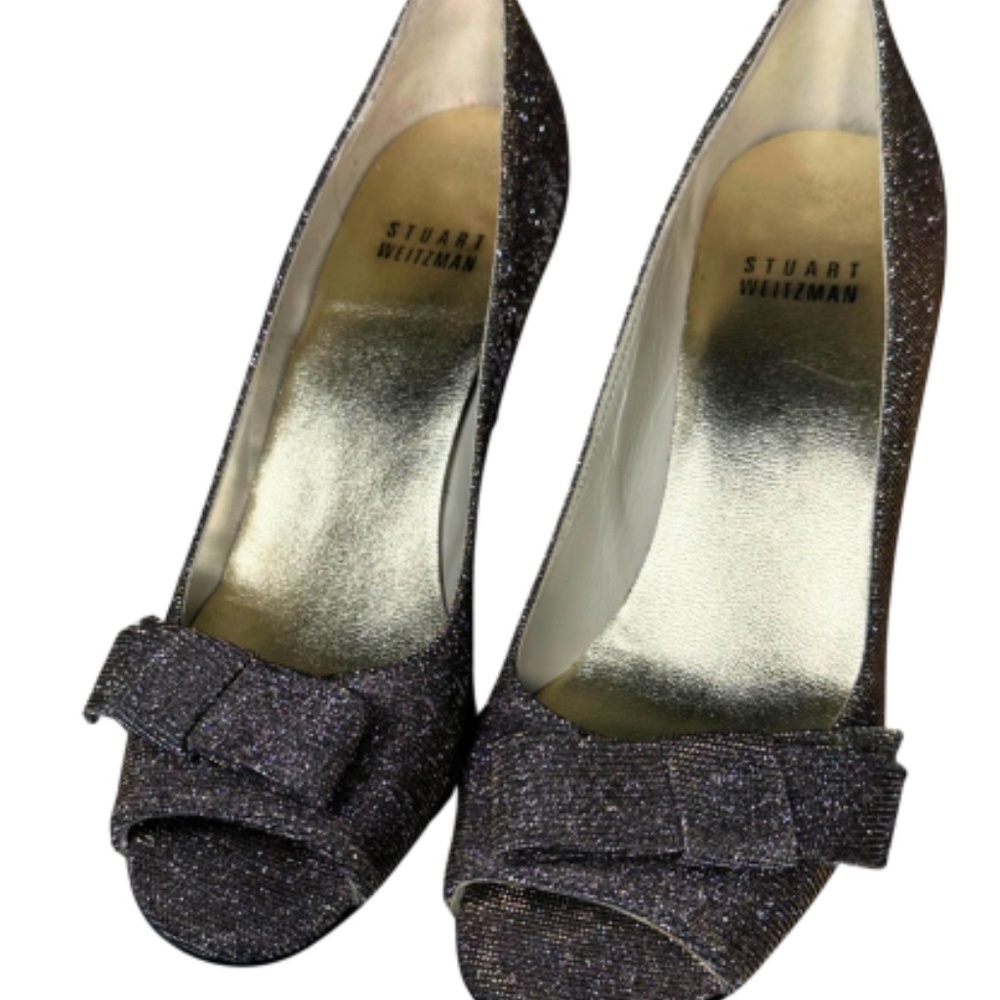 Stuart Weitzman Blk Satin Peep Toe Heels Crystal Detail w/Bow Sz 5.5M